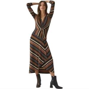 Anthropologie x Maeve Brown Black Motif Striped Wrap Midi Dress Size Medium‎